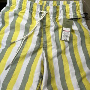 Mens Goodfellow yellow and white stiped swim trunks w/ built in briefs